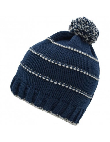 Striped beanie with knitted pompom lined with fleece for men