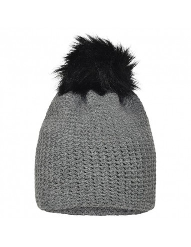 Bonnet crocheté doublé polaire avec pompon gris