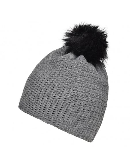 Bonnet crocheté doublé polaire avec pompon gris