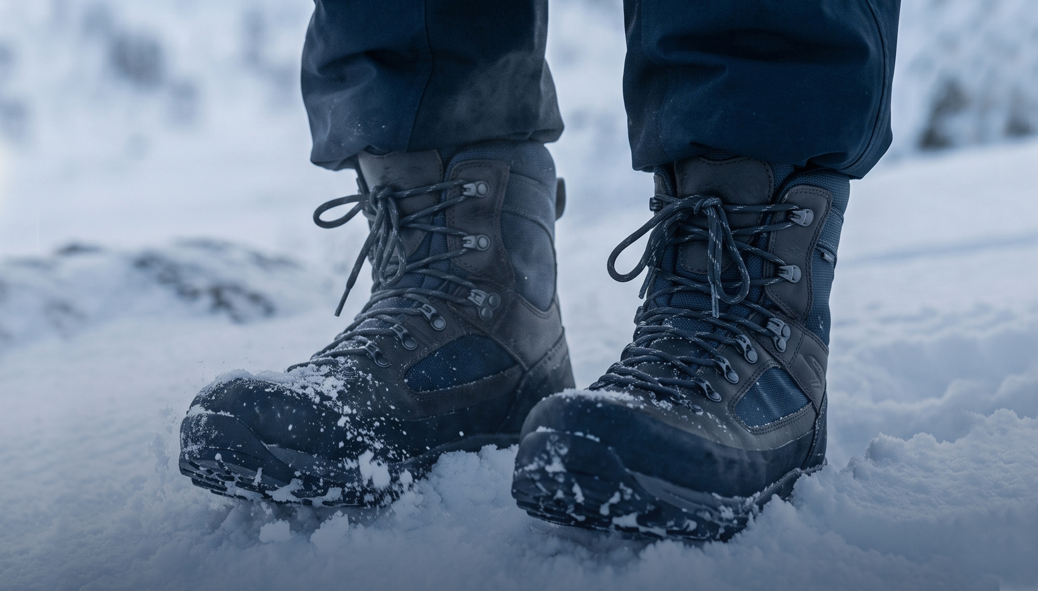 Bottes de randonnée montantes, lacées, dans la neige fraîche
